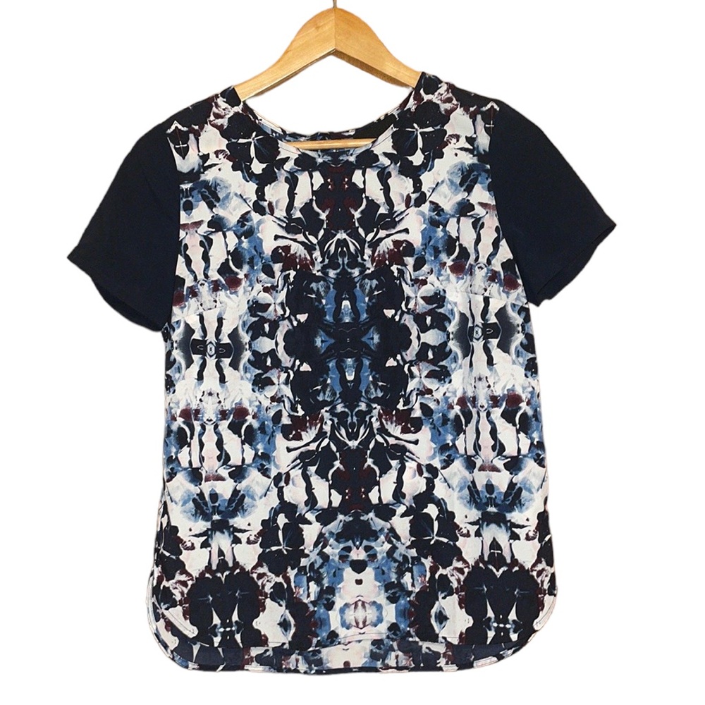 •CYNTHIA ROWLEY•NAVY KALEIDOSCOPE COLORBLOCK SHORT SLEEVE BLOUSE SIZE SMALL